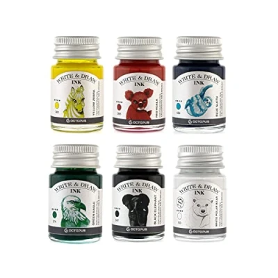 Abbildung von Octopus Write and Draw Ink Set BASIC BRIGHT, wasserfeste Tinte zum Schreiben und Zeichnen, Kalligraphietinte, Zeichentusche für Füllhalter, 6x10 ml