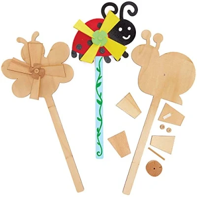 Abbildung von Baker Ross FC709 Käfer Windmühle Holz Bastelset 4er Pack, Windrädchen Basteln für Kinder, Kindergeburtstage oder Kindergarten, Mittel
