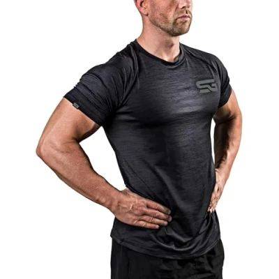 Abbildung von Satire Gym® Fitness Slim Fit T Shirt Herren Funktionelles &amp; schnell trocknendes Sportshirt Kurzarm als Bodybuilding Workout Gym (XL, schwarz meliert)