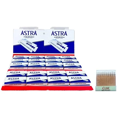 Abbildung von Astra Superior Stainless Blue Rasierklingen 100 und 20 Blutstillstifte aus Alaun zur Behandlung kleiner Rasierverletzungen