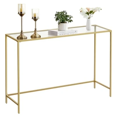 Abbildung von VASAGLE Konsolentisch, Beistelltisch, Oberfläche aus Hartglas, moderner Sofatisch, einfacher Aufbau, verstellbare Füße, Wohnzimmer, Flur, helles Gold transparent LGT132A01