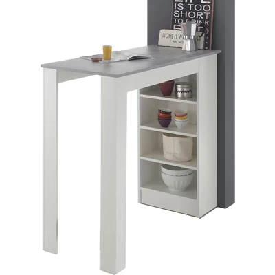 Abbildung von Bartisch in weiss mit Tischplatte Betonoptik und seitlichem Regal
