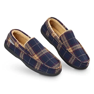 Abbildung von Dunlop Hausschuhe HerrenWinter Pantoletten Memory FoamPantoffeln Hüttenschuhe PlüschHausschuhe MännerPantoffeln Drinnen DraußenGeschenk Für Männer,Marine &amp; Senf Farbe,43 EU