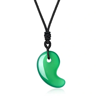 Abbildung von COAI Geschenkideen Japanische Magatama aus Grünem Achat Kommaförmige Perlen Anhänger mit Verstellbarer Nylonschnur Halskette für Damen und Herren