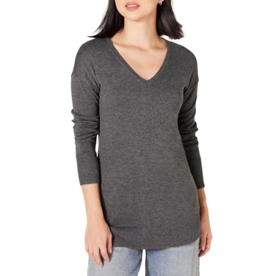Abbildung von Amazon Essentials Damen Leichter Tunika Pullover Mit Langen Ärmeln Und V Ausschnitt (Erhältlich In Übergröße), Dunkelgrau Meliert, XXL