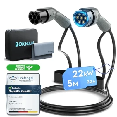 Abbildung von bokman Typ 2 Ladekabel, Modus 3 / 32A 22 kW Phasig 5 Meter, auf EV Ladekabel für Elektroauto mit Tragetasche und Mikrofasertuch