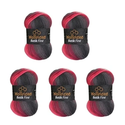 Abbildung von 5 x 100g Wollbiene Batik Fine 500 Gramm Wolle mit Farbverlauf mehrfarbig Multicolor Strickwolle Häkelwolle (5100 grau beere weiß)