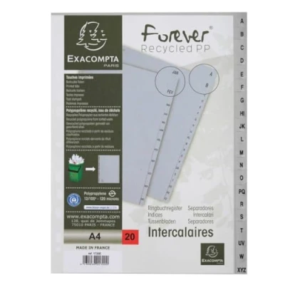 Abbildung von Exacompta 1720E Kunststoff Register A Z für DIN A4 aus recyceltem 20 teilig volle Höhe 21 x 29,7 cm grau mit bedruckten Taben Universallochung Blauer Engel Trennblätter Trennstreifen