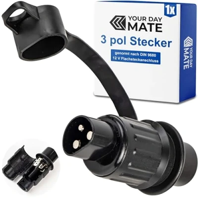 Abbildung von 3 poliger Adapter Stecker, 1 Stück, Hartplastik Gehäuse, pol Stecker nach DIN 9680 genormt, mit Flachsteckanschluss und Dichtring, Steckanschluss für 12 V Systeme, pin Plug Traktor, Landmaschine