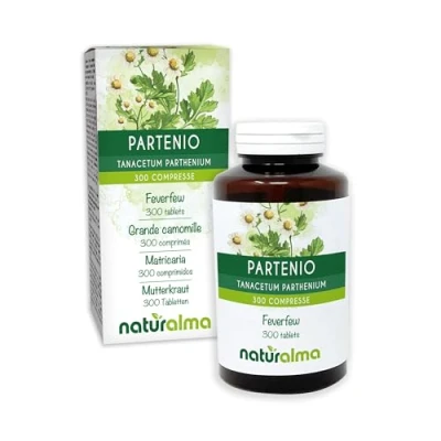 Abbildung von Mutterkraut (Tanacetum parthenium) Kraut mit Blüten Naturalma 150 g 300 Tabletten Nahrungsergänzungsmittel Natürlich und Vegan