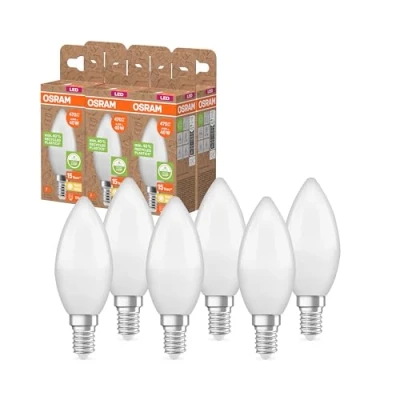 Abbildung von Osram LED STAR CLASSIC B 40 FR Lampe, E14, klassische Minikerzenform, weiß, 4,9W, 470lm, 2700K, warmweißes Licht, sehr geringer Energieverbrauch, mit recyceltem Kunststoff, 6 Pack
