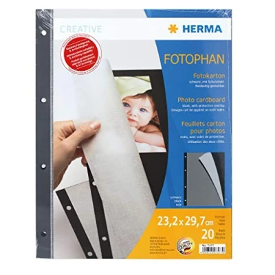 Abbildung von HERMA 7577 Fotokarton schwarz, 20 Stück, 23 x 29,7 cm, 220 g/m², Tonkarton zum Abheften mit Pergamin Papier und Eurolochung für Fotos, Bilder, Postkarten, Fotoalbum, Ordner, Ringbuch oder Basteln