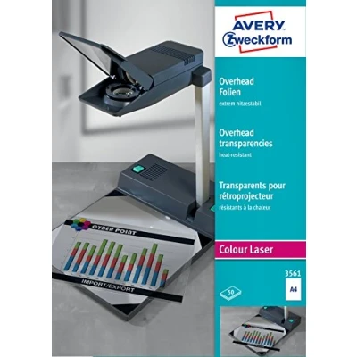 Abbildung von AVERY Zweckform 3561 Overhead Folien für Farblaserdrucker (50 Transparentfolien, A4, spezialbeschichtet, stapelverarbeitbar, extrem hitzestabil durch erhöhte Folienstärke 0,13mm, lösemittelfrei)