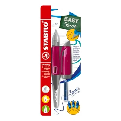 Abbildung von Ergonomischer Schulfüller für Linkshänder mit Anfänger Feder A STABILO EASYbirdy in beere/pink inkl. Patrone und Einstellwerkzeug blau (löschbar)