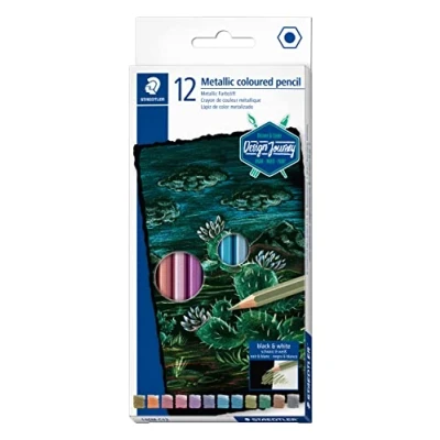 Abbildung von STAEDTLER metallic Buntstifte Design Journey, für metallisch schimmernde Effekte, Glitzer und Highlights auf dunklem Papier, weiche Mine mit hoher Deckkraft, 12 Farbstifte im Kartonetui, 146M C12