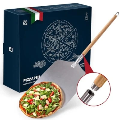 Abbildung von Blumtal Pizzaschieber kurz mit großer Fläche 30,5 x cm praktische Pizzaschaufel Aluminium Pizzaheber kurzer Griff aus Holz 61 Pizza Zubehör