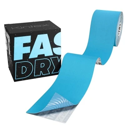 Abbildung von Kintex Kinesiologie Tape wasserfest &amp; schnelltrocknend, 5 cm x m, FastDry Tape, hautfreundliches Physio Medizinisches für Sport Physiotherapie (Blau)