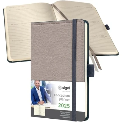 Abbildung von SIGEL C2554 Terminplaner Wochenkalender 2025, Lederoptik, ca. A6, beige, Hardcover, 176 Seiten, Gummiband, Stiftschlaufe, Archivtasche, aus nachhaltigem Papier, Conceptum