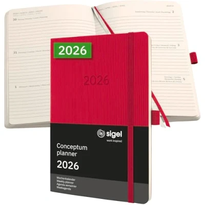 Abbildung von SIGEL C2634 Wochenplaner Wochenkalender 2026, ca. A5, rot, Softcover, 192 Seiten, Gummiband, Stiftschlaufe, Archivtasche, aus nachhaltigem Papier, Kalenderbuch Conceptum