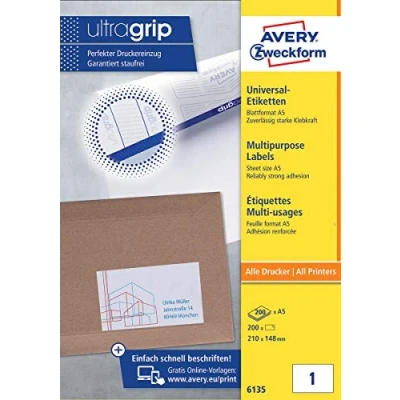Abbildung von AVERY Zweckform 6135 Universal Etiketten (200 Klebeetiketten, 210x148mm auf A5, Papier matt, bedruckbare Versandetiketten, selbstklebende Versandaufkleber mit ultragrip) 200 Blatt, weiß