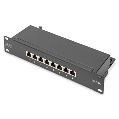 Abbildung von DIGITUS CAT 6A Patchpanel 8 Ports RJ45 Buchsen 10 Zoll Rack Mount 1HE LSA Verteilerfeld geschirmt Schwarz