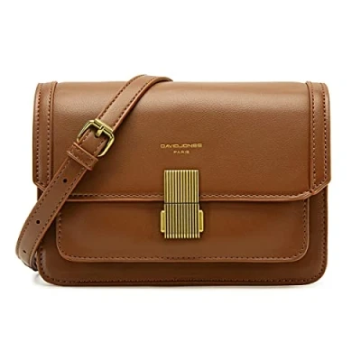 Abbildung von David Jones Damen Kleine Umhängetasche Frau Elegante Schultertasche PU Leder Handtasche Crossbody Bag Tasche mit Klappe Drehkreuz Handy Party Trendy Mode Clutch Abdentasche Braun Cognac