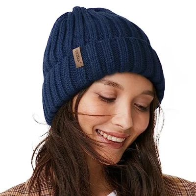 Abbildung von FURTALK Womens Knit Beanie Hüte Double Layer Baumwolle gefüttert Chunky Winter Slouch Style Cap, Blau, Einheitsgröße