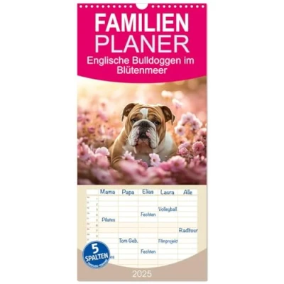 Abbildung von Familienplaner 2025 Englische Bulldoggen im Blütenmeer mit 5 Spalten (Wandkalender, 21 cm x 45 cm), CALVENDO