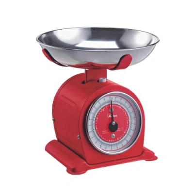 Abbildung von ARDES AR1PA3M Mechanische Küchenwaage im Retro Stil, Vintage Waage Bascula mit abnehmbarer Edelstahlschüssel Max. Gewicht 5 kg Rot