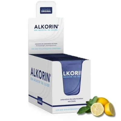 Abbildung von ALKORIN® 40 Sachets. Dem nächsten Tag zuliebe. Unterstützt die Leberfunktion mit Cholin. Elektrolyt Basenpulver Magnesium, Zink, Folsäure, Vitamin B1 + B2 B3 B5 B6 B12, Elektrolyte