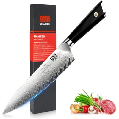 Abbildung von SHAN ZU Damast Kochmesser 21cm, Japanisch AUS10 Damastmesser Stahl 67 Schicht Twill Muster Küchenmesser Professional High Carbon Sharp Messer mit G10 Griff/Geschenkbox GYO Series