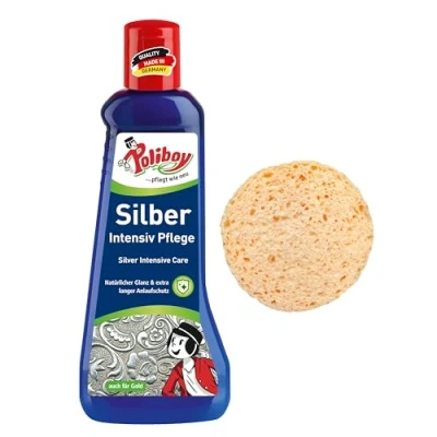 Abbildung von POLIBOY Silber Intensiv Pflege Sanftes Poliermittel für Silberschmuck 1x 200 ml Mit Schwamm Made in Germany