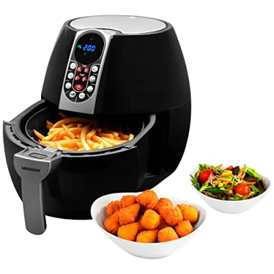 Abbildung von MEDION E10 S Heißluftfritteuse (Leistung ca. 1500 Watt, Digitales Bedienfeld, Nutzinhalt gesamt 4 Liter, Ölfreies Frittieren, 30 Min Timer, Überhitzungsschutz, MD 17320) schwarz