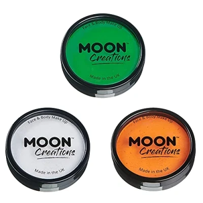 Abbildung von Moon Creations Pro Gesichts und Körper Make up, hellgrün, weiß, leuchtendes Orange, 36 g, professionelle Farbfarbe, Kuchentöpfe für Gesichtsbemalung, Gesichtsfarbe Kinder, Erwachsene, Kostüme,