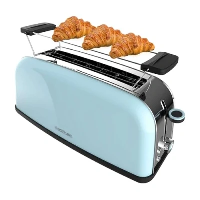 Abbildung von Cecotec Vertikaler Toaster 1 Langschlitz Toastin&#039; time 850 Blue Long, W, 2 Scheiben Brot, 3,8 cm breiter Schlitz, Brötchenaufsatz und Krümelschublade, Edelstahl, Blau