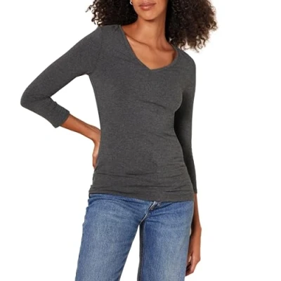 Abbildung von Amazon Essentials Damen T Shirt Mit V Ausschnitt Und 3/4 Ärmeln, Klassischer Schnitt (Erhältlich In Übergröße), Dunkelgrau Meliert, M