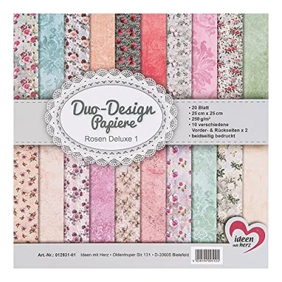 Abbildung von Ideen mit Herz Duo Design Papiere Block 20 Blatt Bastelpapier 25 x cm 250g/m² beidseitig bedruckt Designpapier, Motivpapier ideal für Scrapbooking, Basteln (Rosen Deluxe 01)