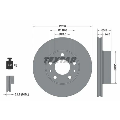 Abbildung von TEXTAR 92305203 Bremsscheibe 280 24 05/07 118 innenbelüftet beschichtet ohne Radbefestigungsbolzen, Radnabe FIAT: Ducato III Van