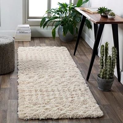 Abbildung von Surya Dubai Shaggy Läufer Flauschiger Teppich für Wohnzimmer, Esszimmer, Flur, Abstrakter Langflor Hochflor weiss flauschig &amp; pflegeleicht 80x220cm in Beige