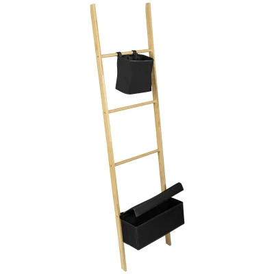 Abbildung von WENKO Handtuchleiter Mod. Ecori mit 2 Körben, Leiter aus FSC® zertifiziertem Bambus, Textil 100% recyceltes Polyester, Körbe abnehmbar, (B x H T): 44 170 4 cm, Natur/Schwarz