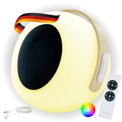 Abbildung von SCHWAIGER 661774 Tragbare Tischleuchte Bluetooth Lautsprecher Akku RGB LED Nachttischlampe Außenlicht Outdoor Gartenlampe Musiklautsprecher Henkel 10W spritzwassergeschützt