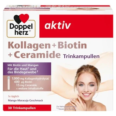 Abbildung von Doppelherz Kollagen + Biotin Ceramide Biotin, Vitamin B2, Niacin und Zink unterstützen den Erhalt normaler Haut 30 Trinkampullen mit Mango Maracuja Geschmack