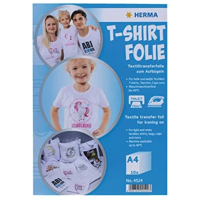 Abbildung von HERMA 4524 Textilfolie für helle und weiße Textilien, 10 Stück, Bügelfolie A4 zum selbst gestalten, T Shirt Transfer Folie Bedrucken Aufbügeln, bedruckbare Inkjet Drucker Transferfolie