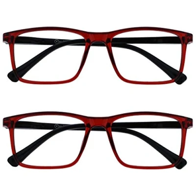 Abbildung von OPULIZE Ink Lessebrille 2er Pack Groß Rechteckig Rahmen Federscharniere Kratzfest Transparent Rot Schwartz Bügeln Herren Damen RR4 Z +1.50