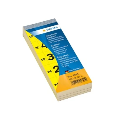 Abbildung von HERMA 4891 Nummernblock Zahlen 1 500, doppelt, 500 Stück, 56 x 28 mm, selbstklebend, matt, 2fach fortlaufende Papier Nummernetiketten Zahlenetiketten Anlagenummern, gelb