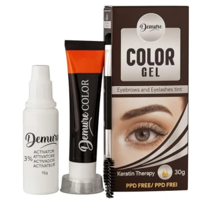 Abbildung von Demure Wimpernfarbe und Augenbrauenfarbe Set mit Keratin, 20+ Anwendungen, bis zu 4 Wochen Wirkung, All in One Color Gel Eyelash &amp; Eyebrow Tint Kit (3.0 Braun)