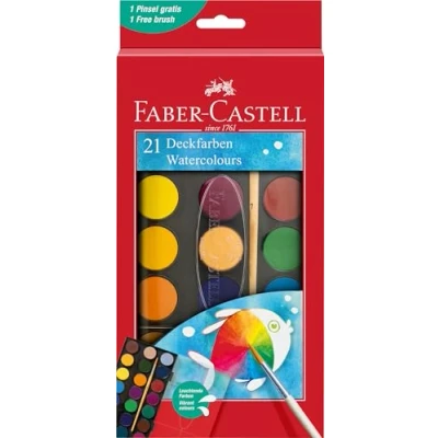 Abbildung von Faber Castell 125027 Wasserfarbkasten 21 Farben, inkl. Pinsel, Malkasten für Schule und Freizeit