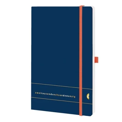 Abbildung von Chronoplan 50486 Buchkalender Kalendarium 2026 (Terminplaner A5 (135x210mm) mit Softcover, Wochenplaner, 1 Woche auf 2 Seiten, Stiftschlaufe, Einmerkband, Gummiverschluss) Elementary, Dunkelblau