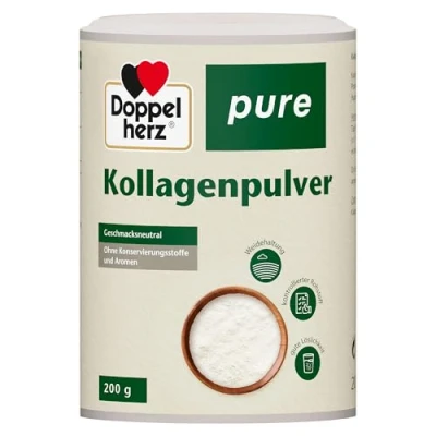 Abbildung von Doppelherz pure Kollagenpulver geschmacksneutral leicht löslich ohne Konservierungsstoffe und Aromen kontrollierter Rohstoff aus Weidehaltung 200 g