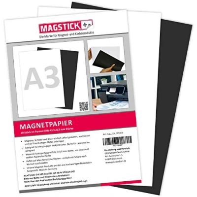 Abbildung von 10er Set Magnetpapier I weiß DIN A3 DIY magnetische Rückseite mit gängigem Inkjet Drucker bedruckbar zum Beschriften, bedrucken oder als magnetisches Foto Papier mag_221